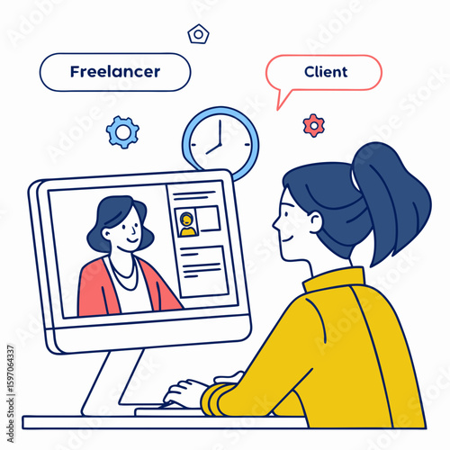 Woman video calling client discussing shared document freelancer computer