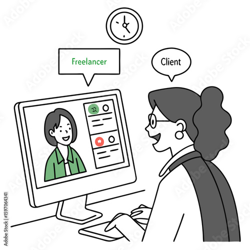 Woman video calling client on computer screen communication