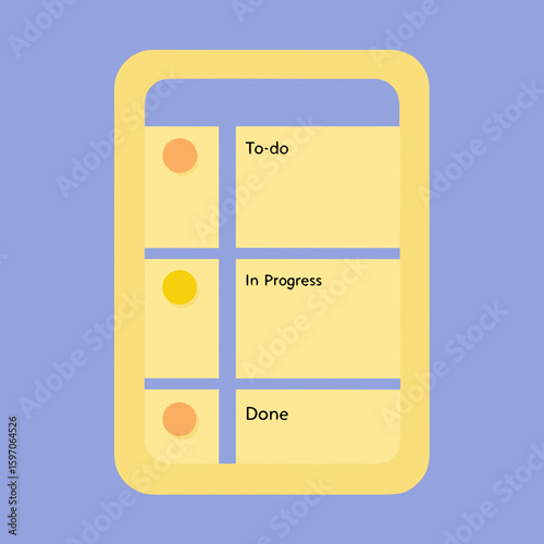 Yellow digital kanban board with blue lines and orange circles to do in progress