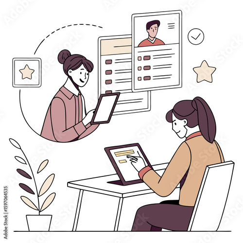 Women reviewing resumes on digital devices with stars and checkmark business recruitment