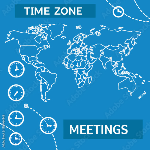 World map time zones with multiple clocks and meeting schedule global