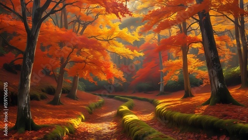 Autumnal path winds through vibrant, sun-dappled forest showcasing fiery red and gold foliage.