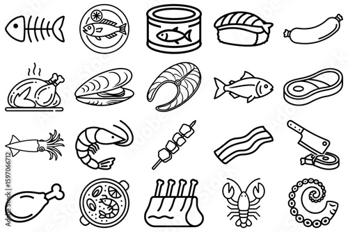 Culinary Delights: A diverse array of food icons. From fish and seafood, meat and other delectable dishes. These culinary treasures are rendered in a striking, minimalist style.