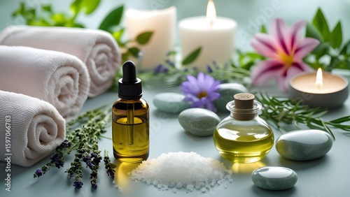 Spa treatment ingredients neatly arranged on soft folded towels and smooth massage stones, including herbal oils, sea salt, fresh flowers, and candles