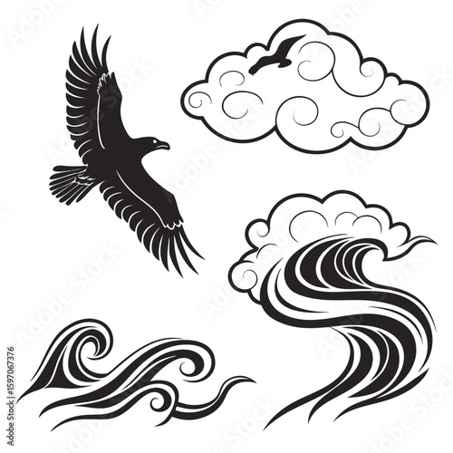 Eagle soaring above stylized waves and clouds bird