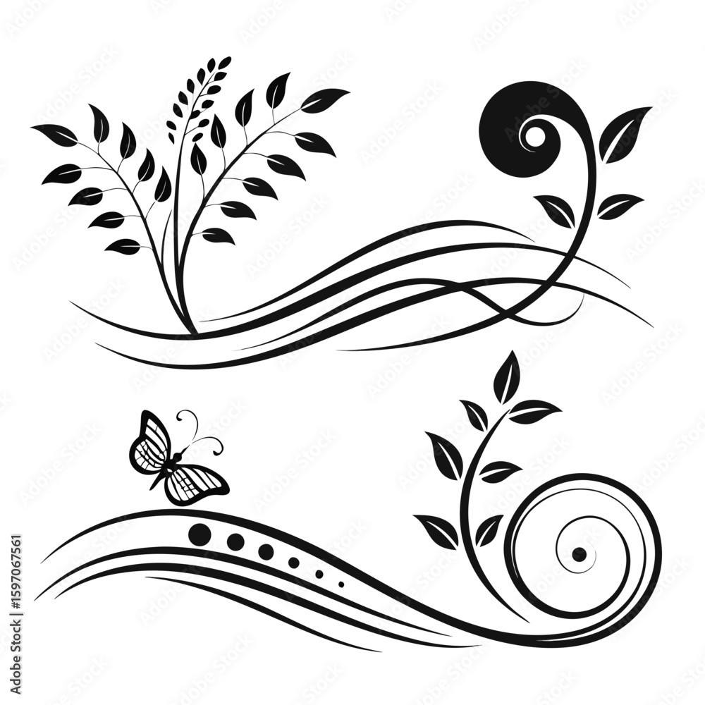 Fototapeta premium Floral Swirls and Butterfly Design leaves nature