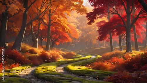 Autumnal forest path winding through vibrant fall foliage, bathed in warm sunlight.