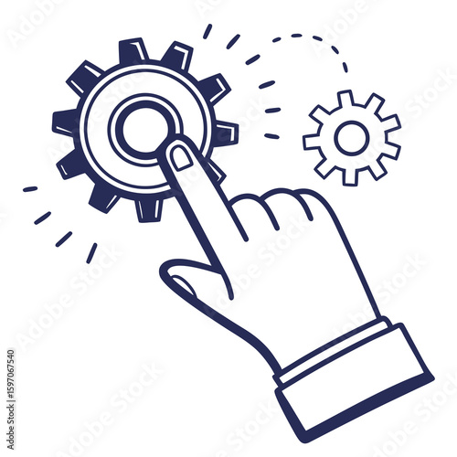 Finger pressing glowing gear mechanism hand cogwheel