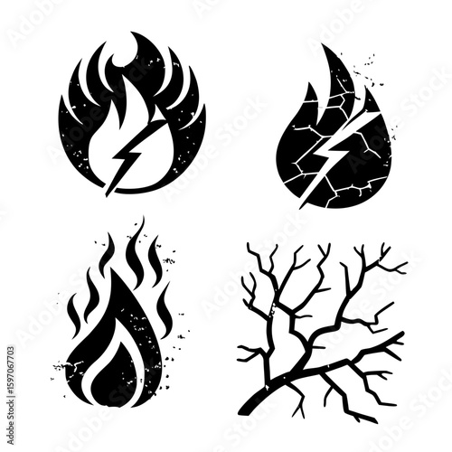 Four grunge elemental icons fire lightning