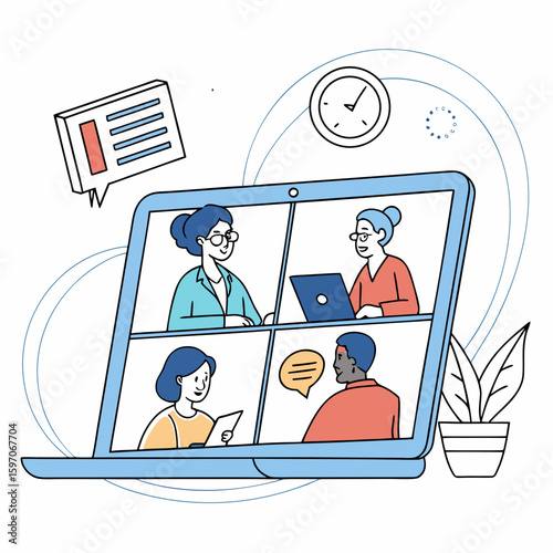 Four people in video conference on laptop screen meeting