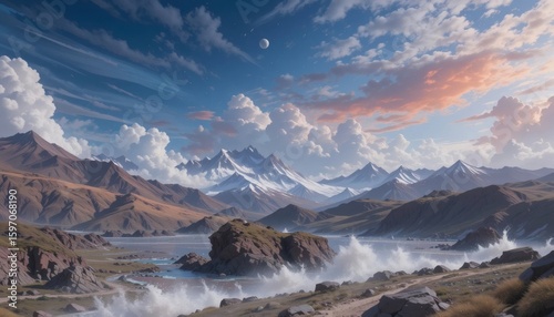 Majestic mountain range with dramatic clouds, tranquil lake and rocky formations