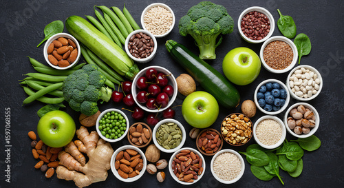 Healthy food assortment: fresh vegetables, fruits, nuts, seeds on dark background