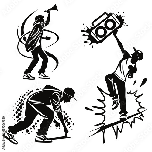 Graffiti artists performing urban dance moves breakdancing