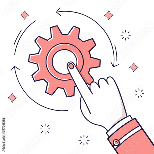 Hand pressing glowing gear with circular arrows finger