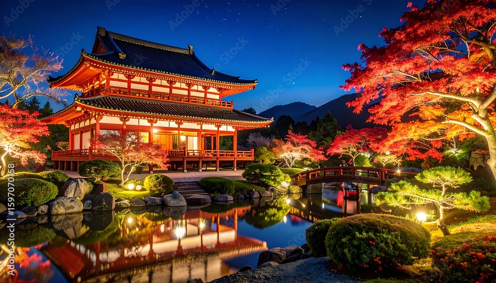 Fototapeta premium Nightfall at a Japanese temple garden