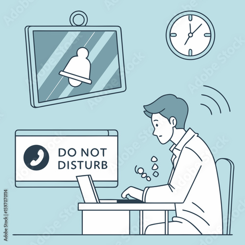 Man working focused do not disturb sign laptop desk