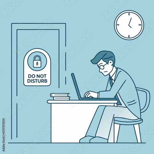 Man working on laptop with do not disturb sign desk