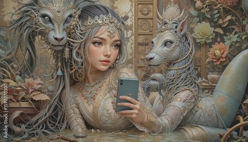 Enchanting selfie amidst fantastical creatures and ornate details in a gilded fantasy