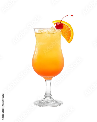 Sex on the Beach cocktail with orange slice garnish transparent PNG isolated background. Mixology, bar menu, colorful vibrant refreshing drink in poco grande glass