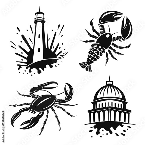 Nautical and governmental icons lighthouse lobster