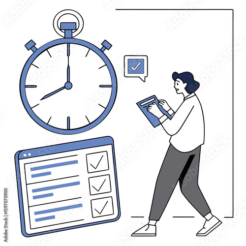 Person checking tasks on tablet near stopwatch and checklist