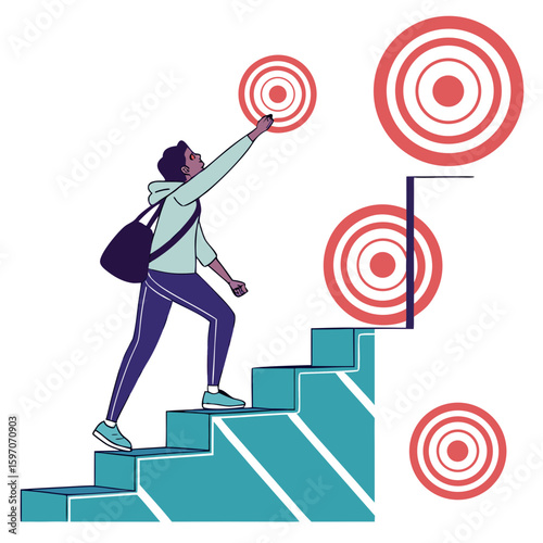 Person climbing stairs reaching for targets vector
