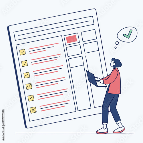 Person interacting with task list on white background