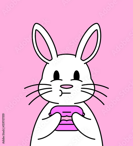 White bunny holding and nibbling a pink macaron with a curious expression cartoon illustration for kids' products and kawaii-themed merchandise