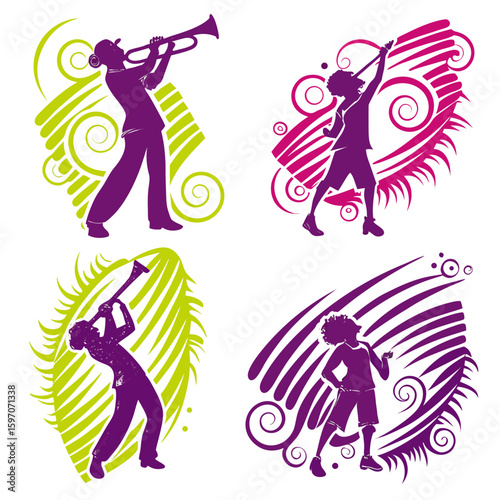 Purple and green musicians playing instruments trumpet