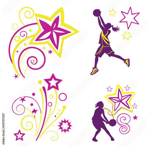 Purple yellow star swirls basketball players female