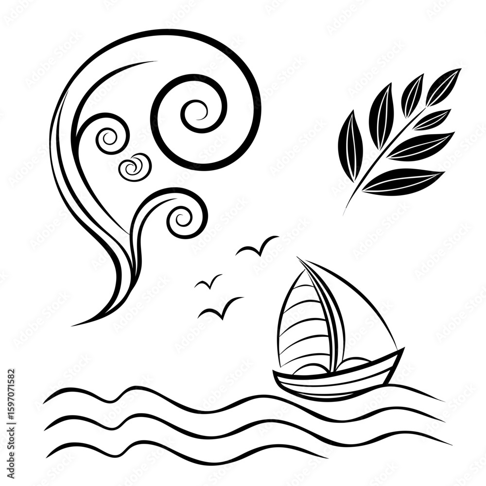 Fototapeta premium Sailboat with swirling waves and leaves birds nature