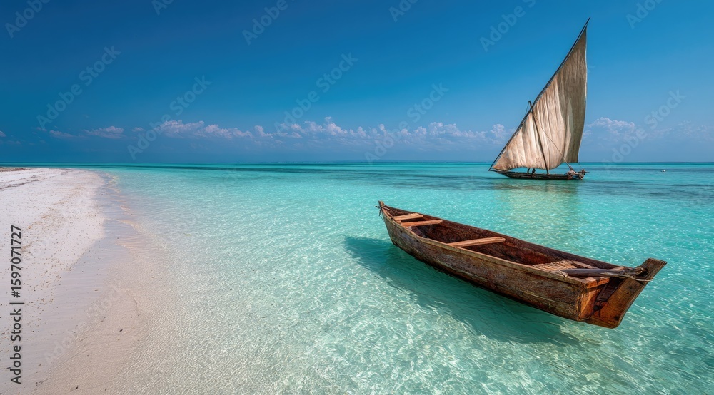 Obraz premium Tranquil coastal scene featuring a wooden boat resting in crystal-clear shallow turquoise water near a pristine white sand beach, with a larger sailing vessel in the distance under a vibrant blue sky