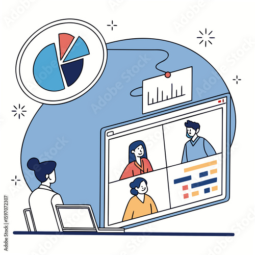 Video conference call with pie chart and people video call