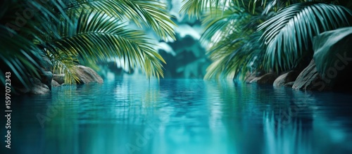 Serene tropical lagoon surrounded by lush palm fronds and smooth rocks