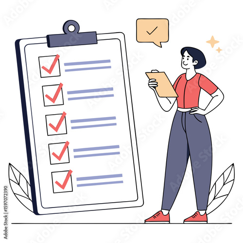 Woman checking off tasks on clipboard checklist completed