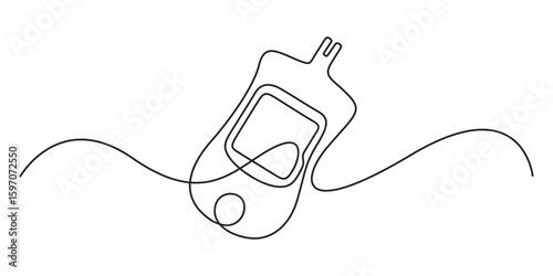 Continuous one line drawing of a glucometer for monitoring blood sugar. Minimal vector drawing of a single line of medical equipment for diabetes treatment. World Diabetes Day. Vector illustration