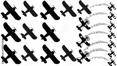 Silhouette biplanes in formation with smoke trails against a white background aerial display scene
