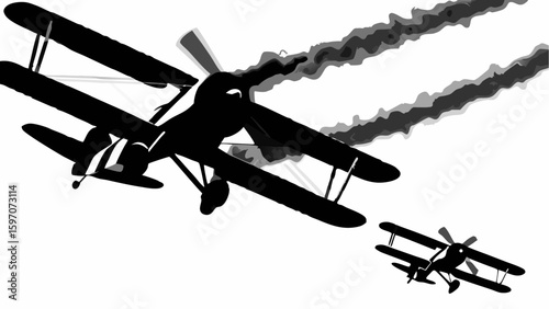 Silhouette of two biplanes one with smoke trailing behind it against a white background in the sky