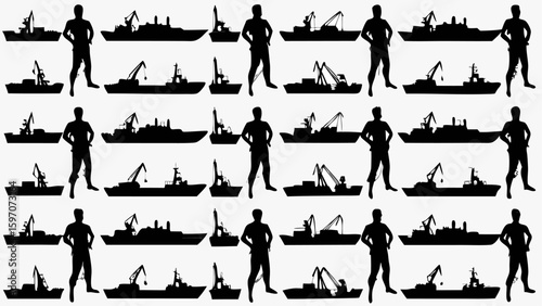 Silhouette pattern featuring men standing alongside various types of ships and boats design element