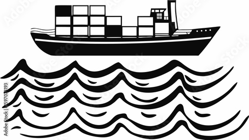 Illustration of a cargo ship with containers sailing on wavy water in black and white simple design style