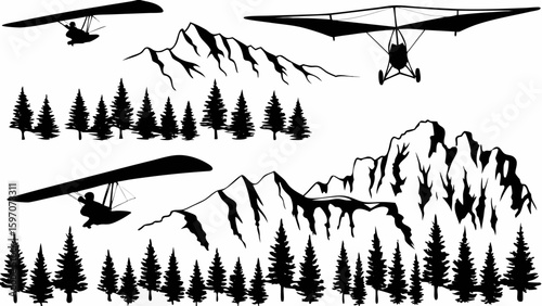 Silhouette illustration of hang gliders flying over mountains and trees in a monochrome landscape design