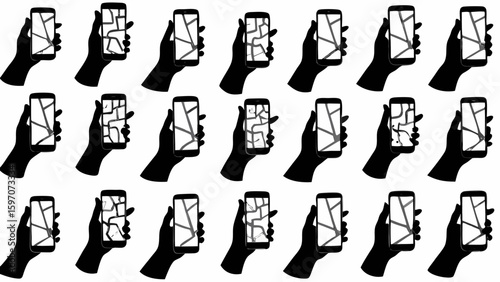 Silhouetted hands holding smartphones with cracked screens arranged in a repeating pattern design