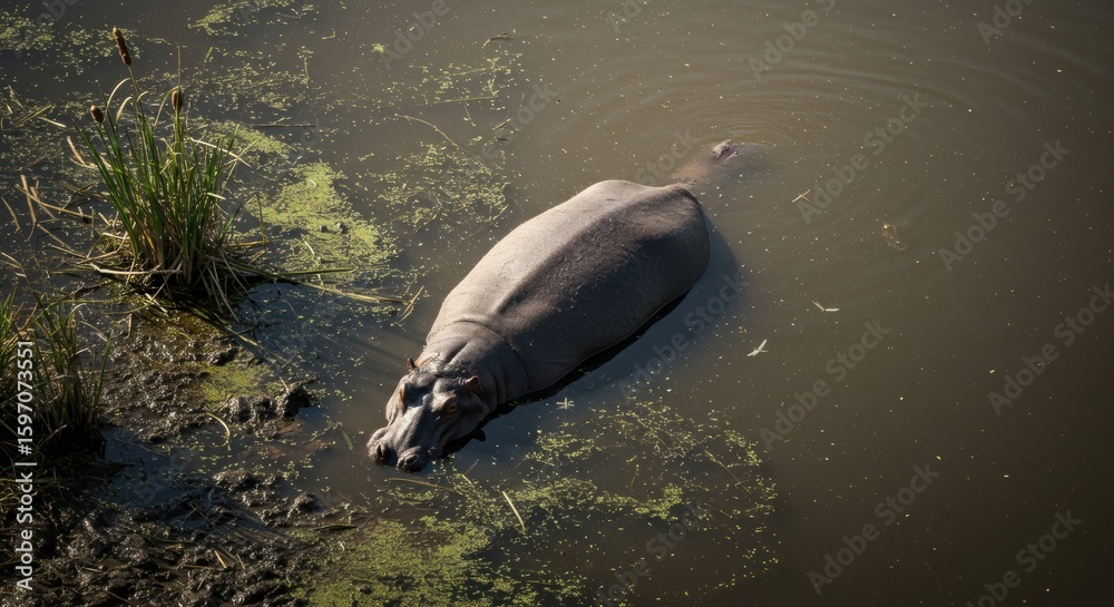 Fototapeta premium hipopotamo | A serene view of a hippo swimming in a murky river, surrounded by lush greenery and aquatic plants, showcasing the tranquility of wildlife in its natural habitat