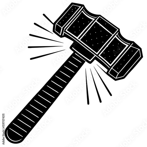 "Heavy Hammer Lying on Wooden Surface in Workshop Scene"

