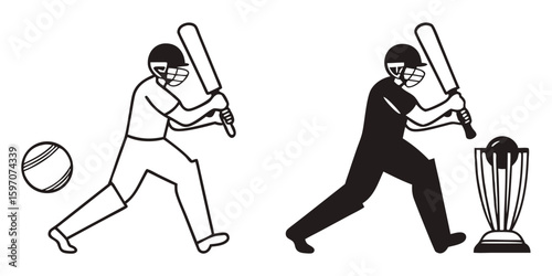 Cricket Player Silhouette Hitting Ball and Trophy Vector Illustration on Transparent Background illustrations cricket player