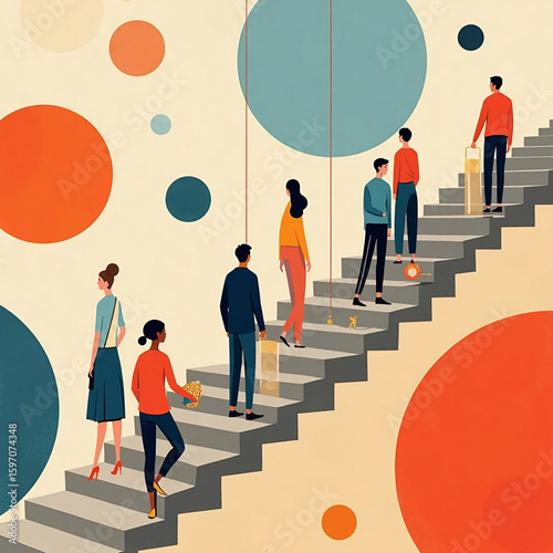 People Climbing Stairs with Abstract Circles