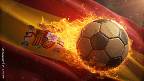 Flaming soccer ball and spanish flag representing passionate football