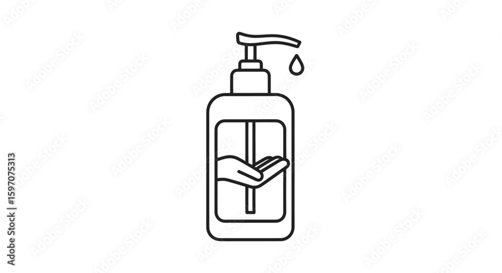 Simple line drawing of hand sanitizer bottle dispensing liquid onto a hand. Simple line drawing of hand sanitizer bottle dispensing liquid onto a hand.