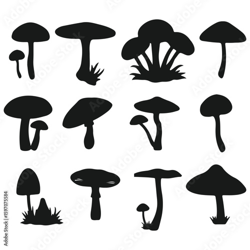 Black and white nature and home icon set with trees and mushrooms