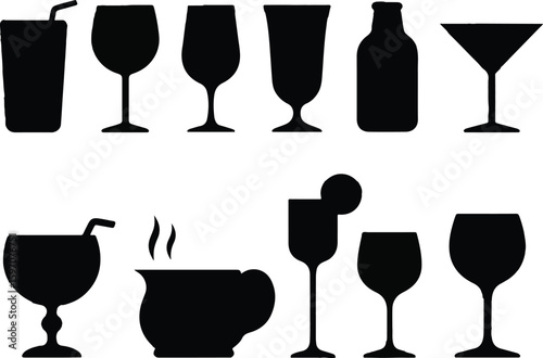 Collection of silhouetted drinkware and beverages isolated on transparent background